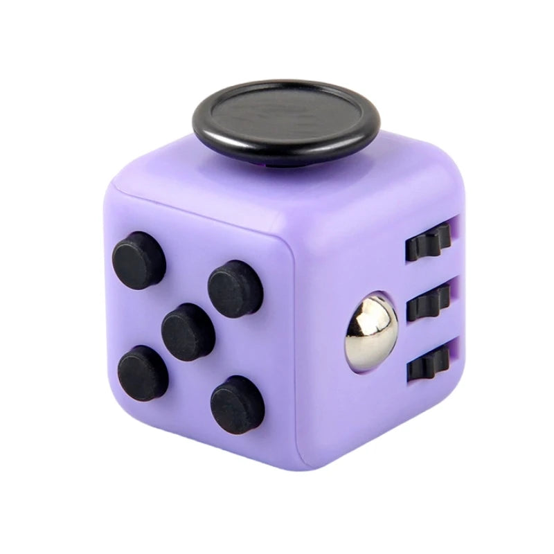 A purple fidget cube with a black lid and silver ball, featuring multiple textured sides.