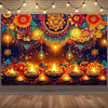 A vibrant Diwali backdrop featuring intricate floral patterns, warm golden lights, and colorful decorations.