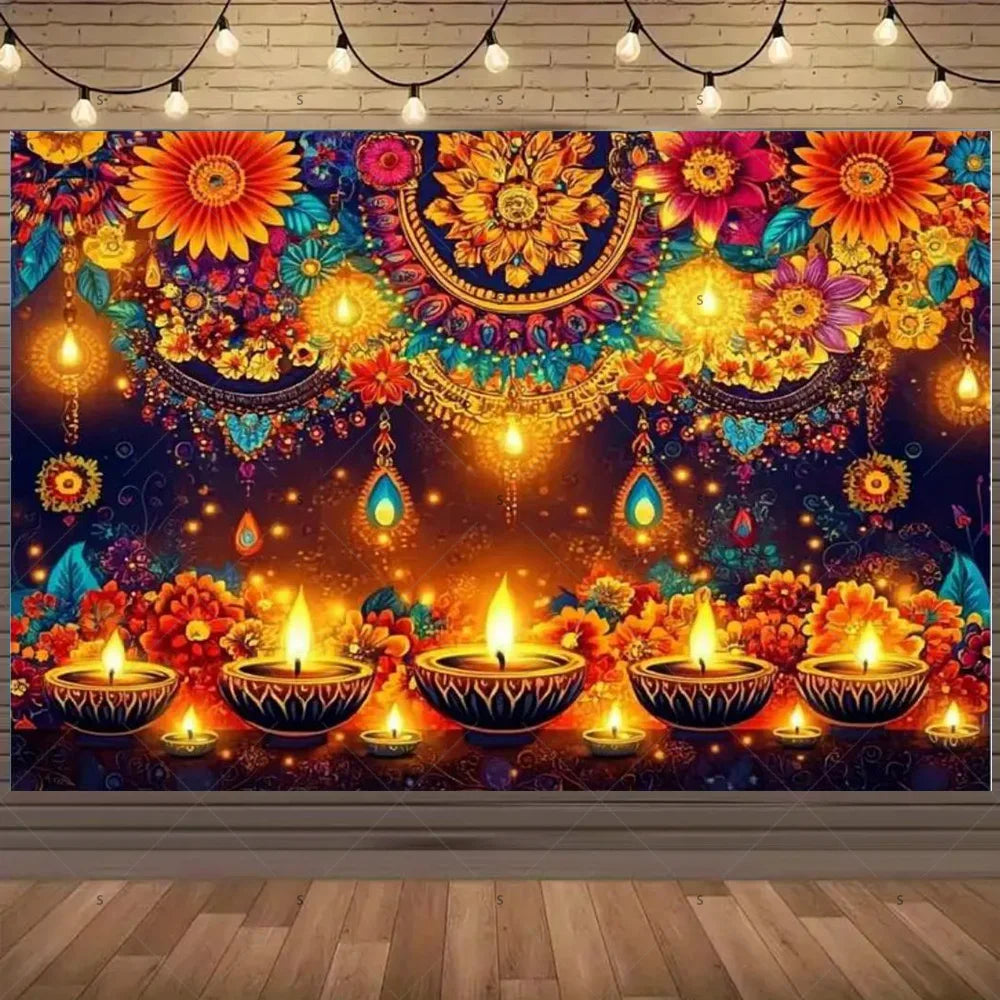 A vibrant Diwali backdrop featuring intricate floral patterns, warm golden lights, and colorful decorations.