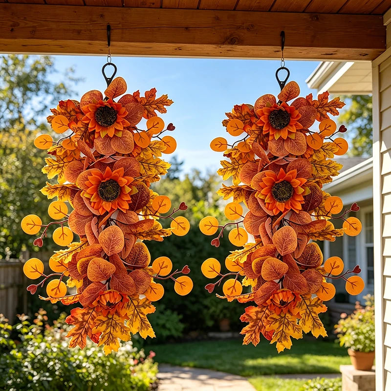 Autumn sunflower teardrop swag with maple leaves hanging on a front door.