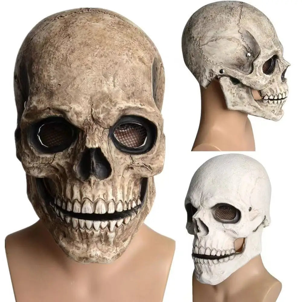 A realistic full-head skull mask with a movable jaw shown from the front and side views.