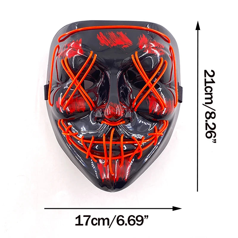Glow-in-the-dark LED purge mask with neon wire details featuring a stylized face design.