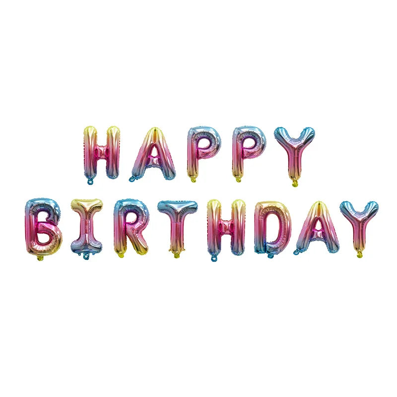 A set of iridescent pink and purple foil balloons spelling out Happy Birthday