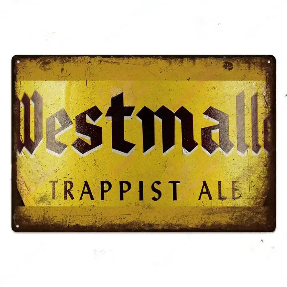 Vintage metal tin sign for Westmall Trappist Ale with distressed yellow background and black lettering