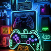 A neon glow display featuring a retro gamepad and console components on a dark background.