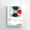 Impresión en lienzo enmarcada con diseño de disco CD y superposición cuadrada roja, mostrando arte del álbum de Kanye West.