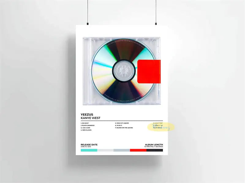 Impresión en lienzo enmarcada con diseño de disco CD y superposición cuadrada roja, mostrando arte del álbum de Kanye West.