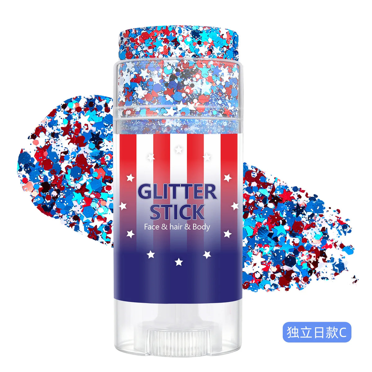 Bouteille de bâton de paillettes avec une étiquette patriotique rouge, blanche et bleue et des paillettes colorées environnan
