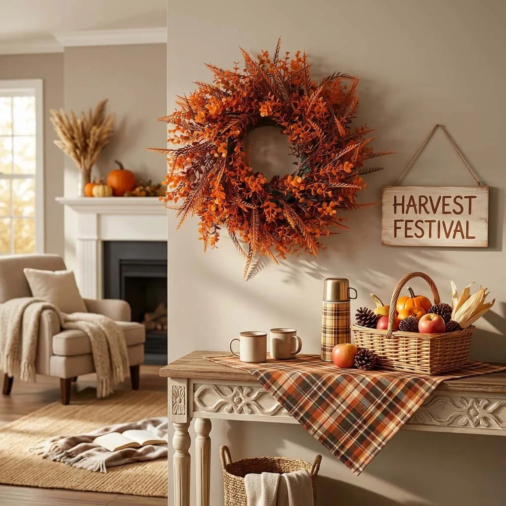 An artificial eucalyptus wreath with autumnal orange and brown tones hangs on a light gray wall.