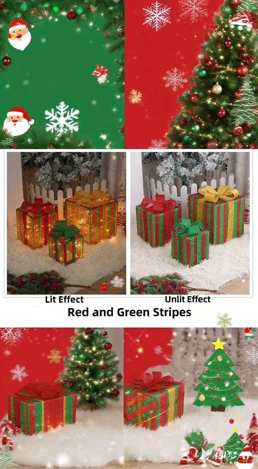 Three LED light-up Christmas gift boxes in red and green stripes displayed on a snowy surface.