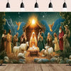 Bohemian religious tapestry wall art depicting a nativity scene with shepherds and animals under a glowing star.