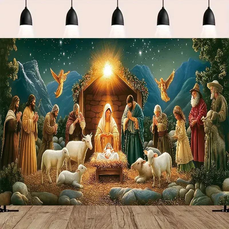 Bohemian religious tapestry wall art depicting a nativity scene with shepherds and animals under a glowing star.