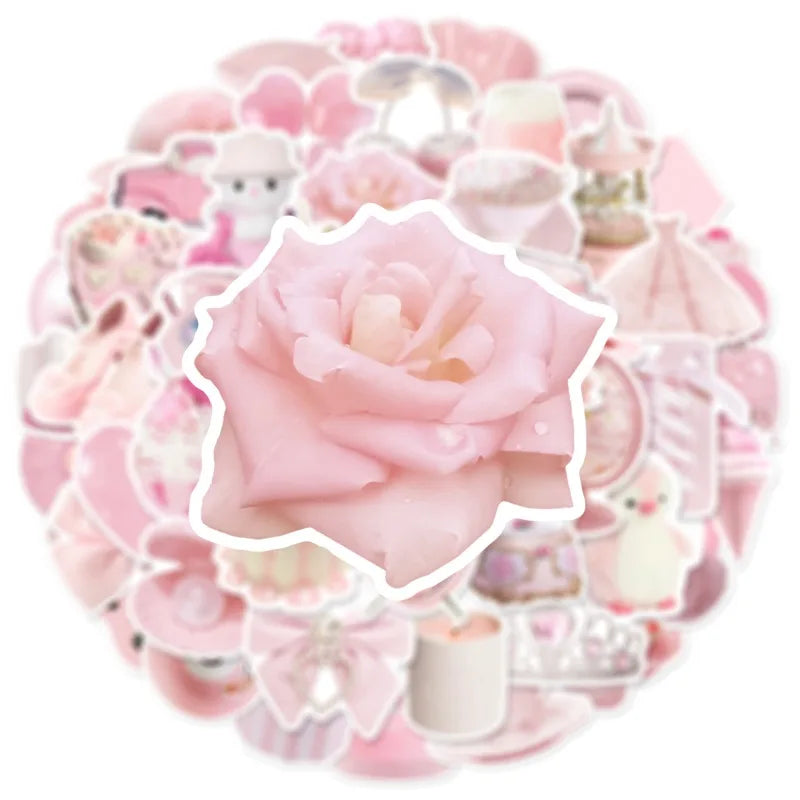 A circular arrangement of cute pink graffiti stickers for accessories, featuring floral and whimsical designs.