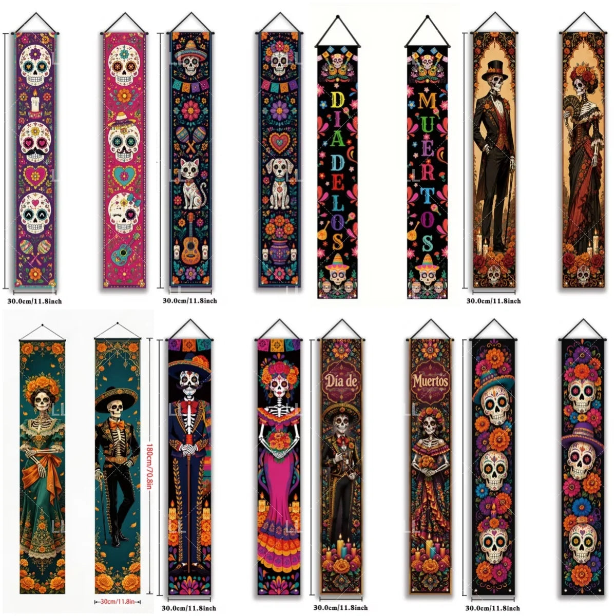 A collection of vertical banners featuring Mexican Day of the Dead motifs including skulls, flowers, and traditional imagery.