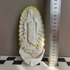 White resin Virgin Mary holy water wall decor with a golden halo and wreath
