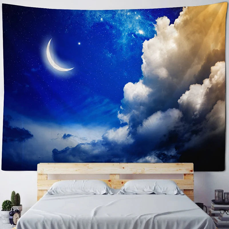 A tapestry depicting a night sky with a crescent moon, bright stars, and dramatic clouds.