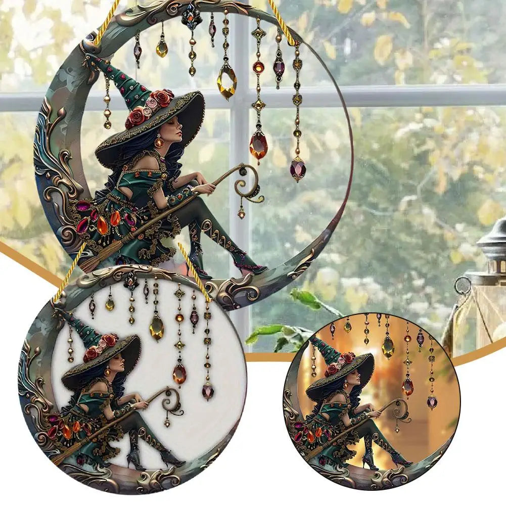 A decorative stained glass window featuring a witch figure surrounded by hanging jewels and foliage.