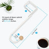 A white over-the-door hook with measurements showing its size and fit for doors ranging from 0.7 to 1.5 inches wide.