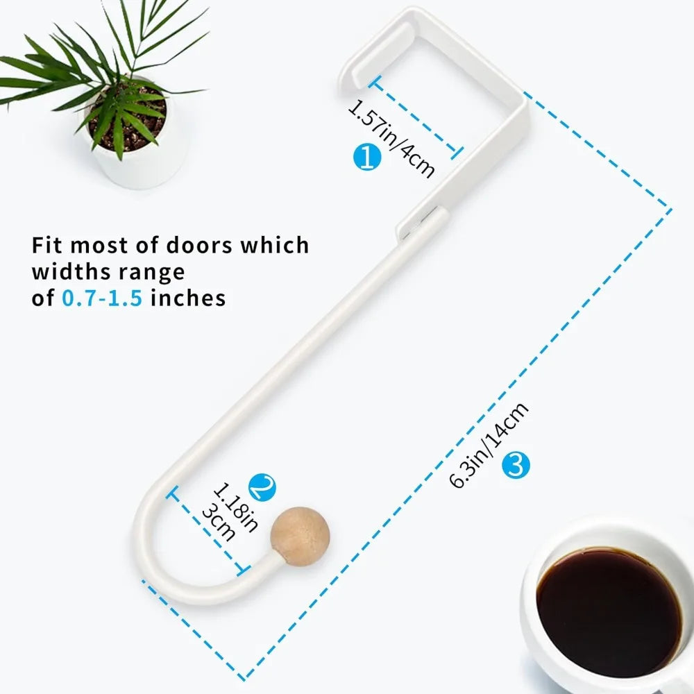 A white over-the-door hook with measurements showing its size and fit for doors ranging from 0.7 to 1.5 inches wide.