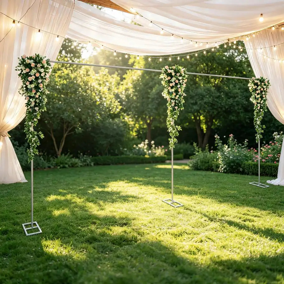 A wedding arch backdrop frame with greenery and string lights suspended under a sheer white fabric canopy in an outdoor garde