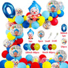 A colorful set of cartoon clown arch balloons and various colored balloons for a party decoration.