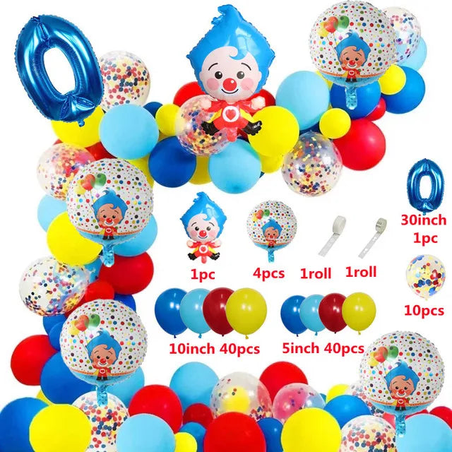 A colorful set of cartoon clown arch balloons and various colored balloons for a party decoration.