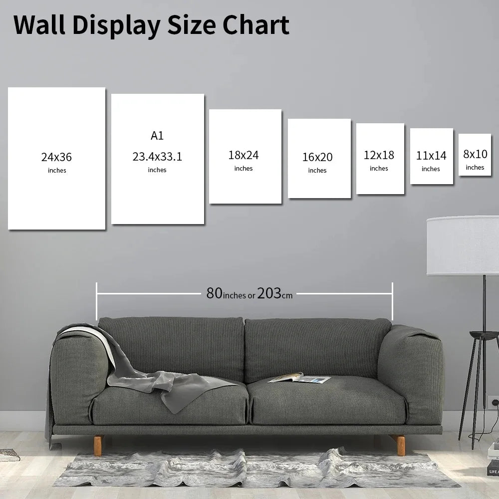 A chart showing various sizes of wall displays in inches and centimeters displayed above a gray sofa.