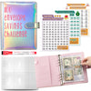 A pink binder for a 100 Envelope Savings Challenge featuring numbered envelopes and cash savings organizers.