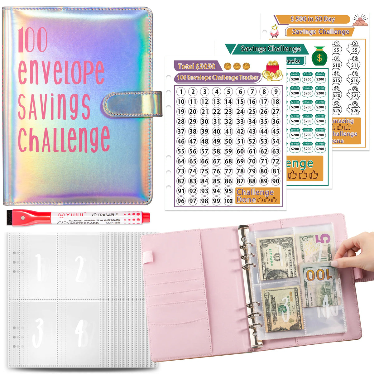 A pink binder for a 100 Envelope Savings Challenge featuring numbered envelopes and cash savings organizers.