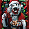 A graphic movie poster featuring a terrifying Santa Claus character in red and white, with the title Terrifier 3.