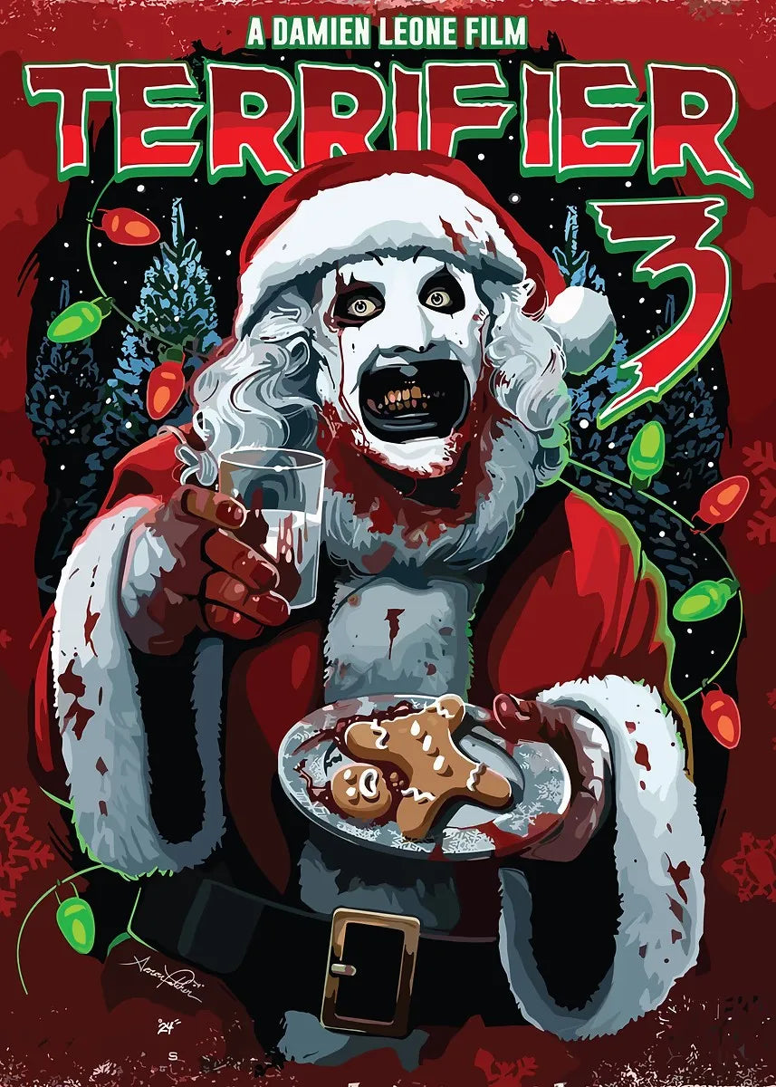 A graphic movie poster featuring a terrifying Santa Claus character in red and white, with the title Terrifier 3.
