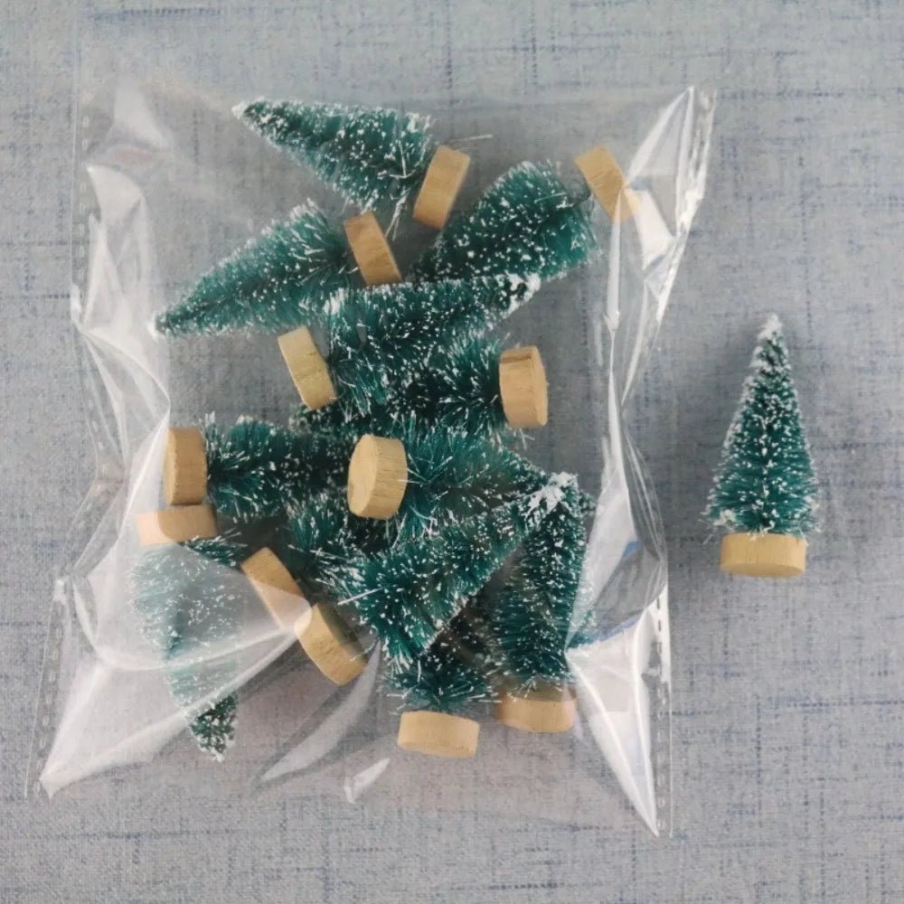 Set of 12 Snow-Flocked Mini Christmas Trees with Wooden Bases