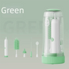 A clear storage case for an electric baby bottle cleaning brush with a white bottle and green accents.