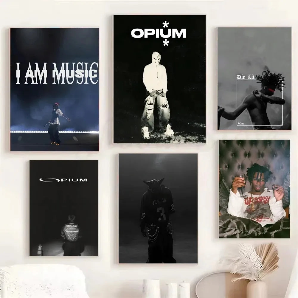 A collection of black and white canvas wall art featuring themes related to Opium and music.