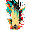 A skateboard is featured in a dynamic splash of colorful paint and ink on a white background.