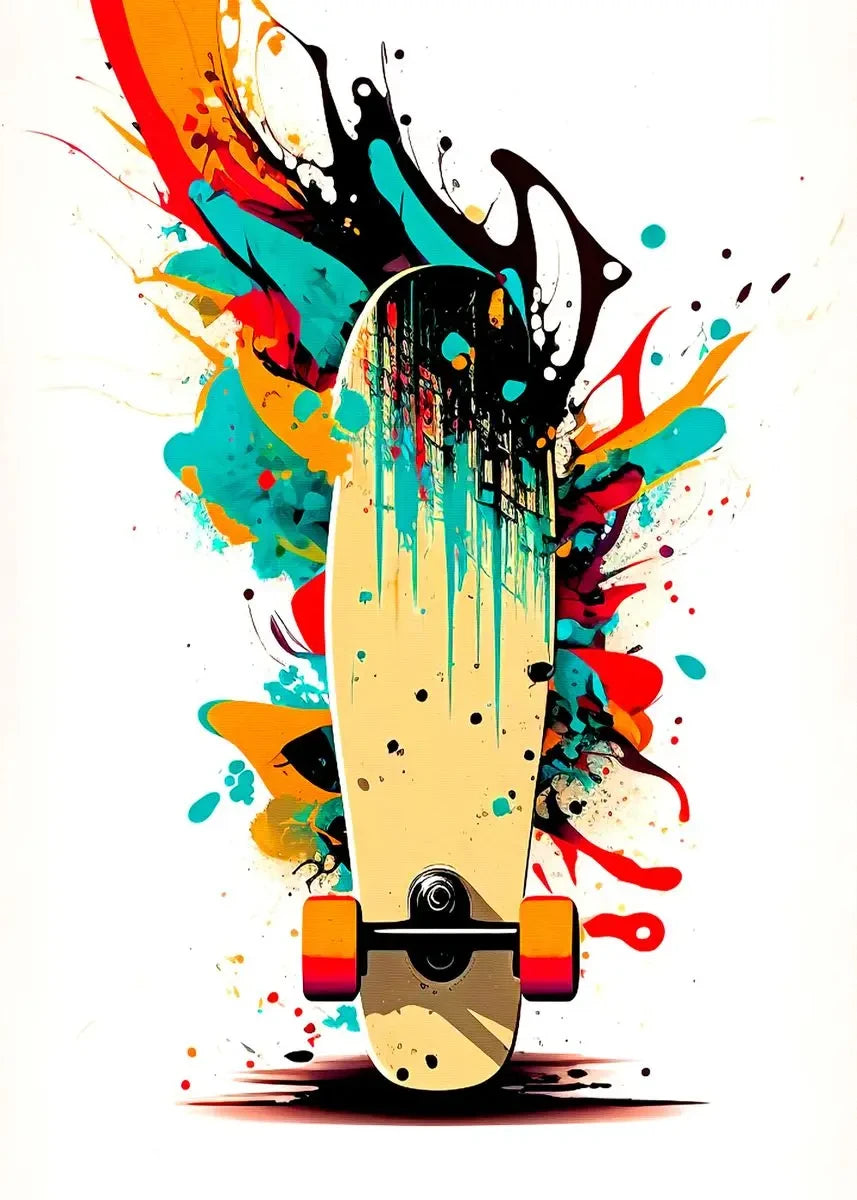 A skateboard is featured in a dynamic splash of colorful paint and ink on a white background.