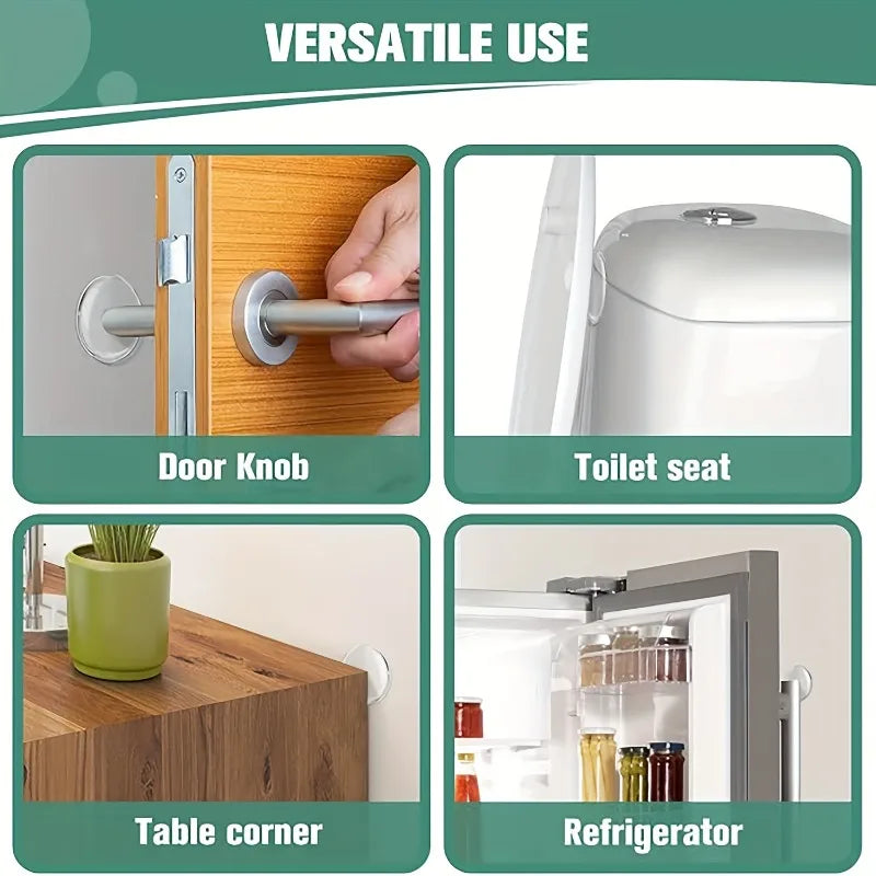 Versatile use of self-adhesive silicone door stopper bumper shown on a door knob, toilet seat, table corner, and refrigerator