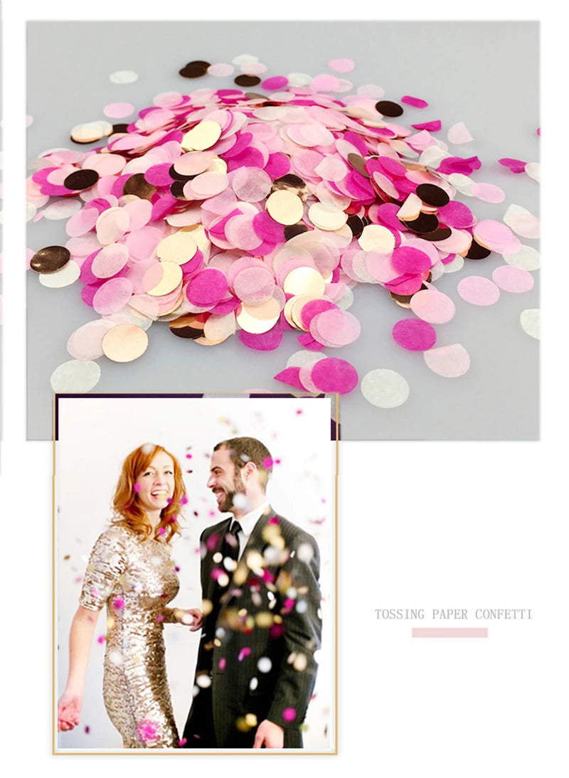 Pink and gold multicolor paper confetti scattered on a gray background with a photo of a couple.