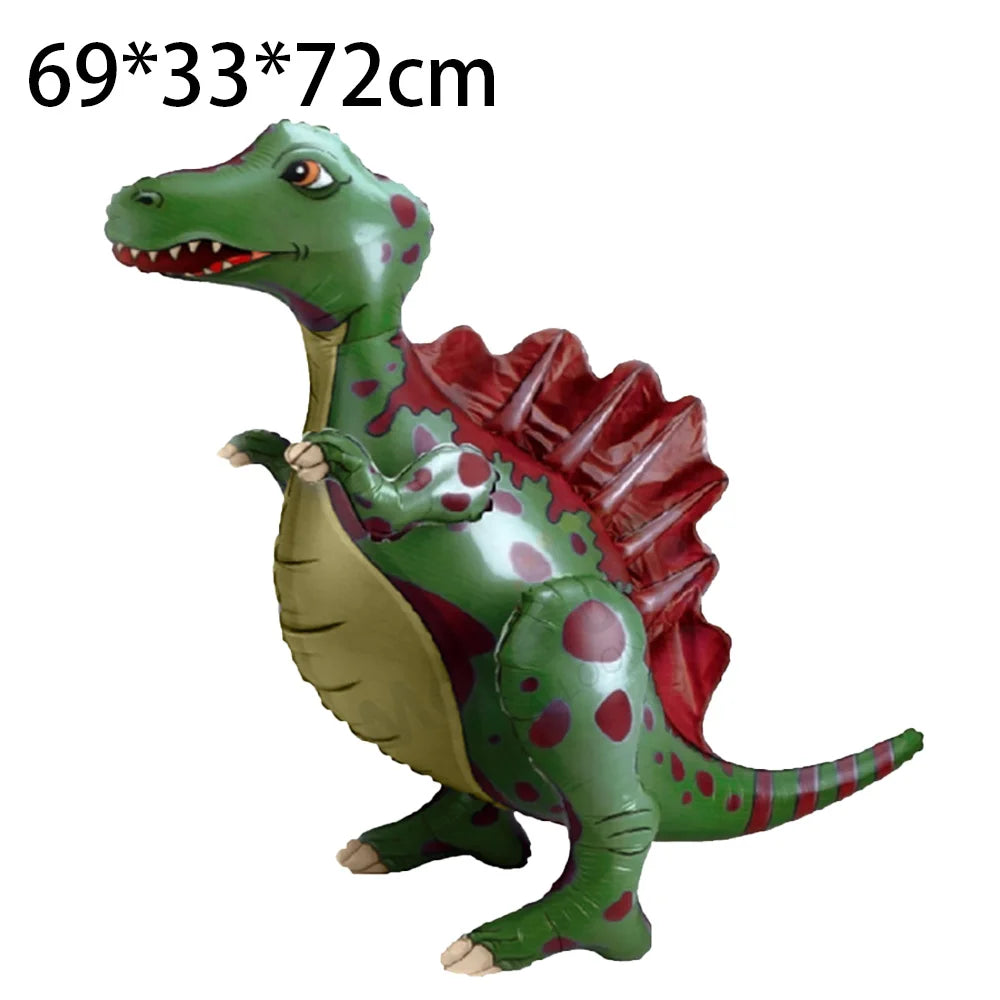 A green dinosaur decoration featuring a textured skin and red scales, used for a birthday party.