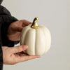 A hand holds a cream-colored ceramic pumpkin figurine with a gold stem against a light gray background.