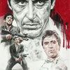 Dessin noir et blanc avec des expressions faciales intenses du film Scarface, gros plan sur un homme et son anus