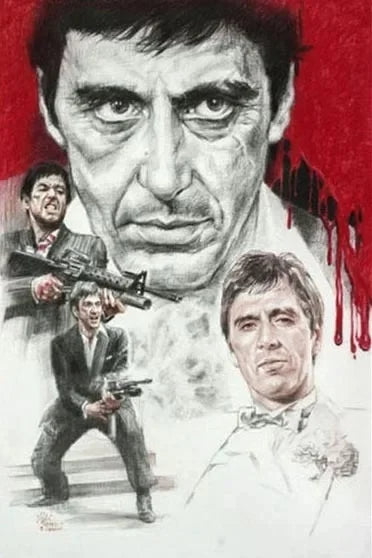 Dessin noir et blanc avec des expressions faciales intenses du film Scarface, gros plan sur un homme et son anus