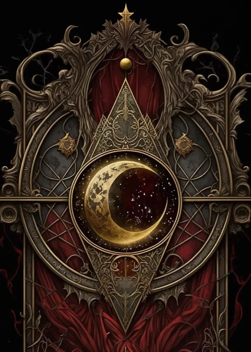 Gotisches Spielkarten-Design mit goldener Sichelmond auf dunklem Hintergrund, kunstvoller Metallarbeit und rotem Stoff.