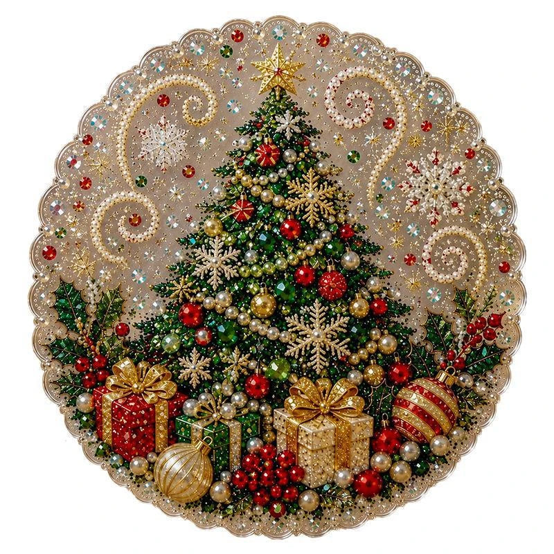 A festive diamond painting kit featuring a glittering Christmas tree surrounded by gold and silver decorative elements.