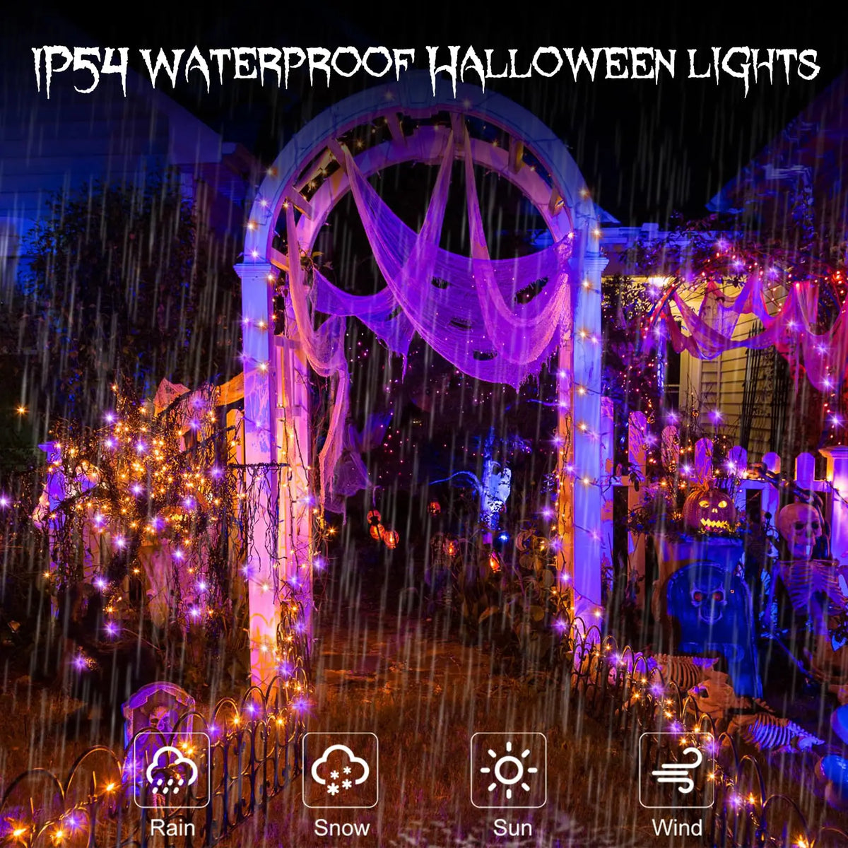 Outdoor Halloween lights showing purple and orange fairy lights illuminating a spooky archway in the rain
