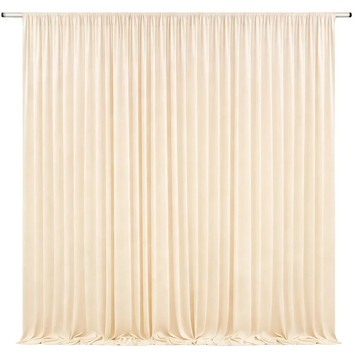 Cream colored pleated drapery backdrop used for weddings and parties