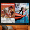 A split image featuring movie posters for Gone with the Wind and James Bond, displayed on a wooden surface.