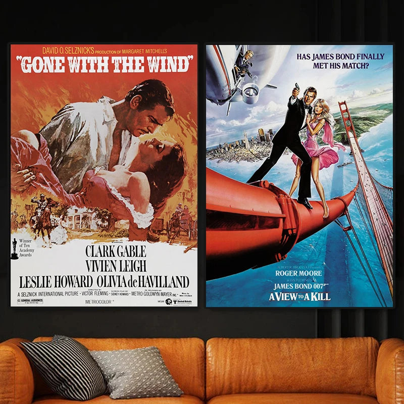 A split image featuring movie posters for Gone with the Wind and James Bond, displayed on a wooden surface.