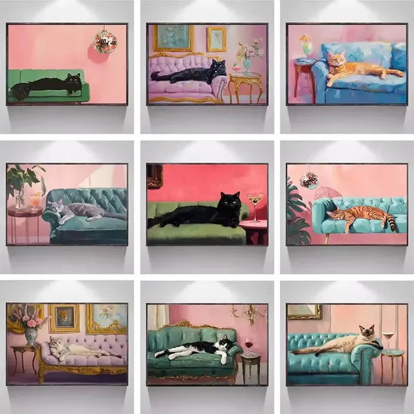 A grid of nine paintings featuring cats in various poses and colors, including black, orange, and white, set against colorful