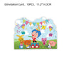 A set of 10 colorful paper cards featuring circus characters and balloons for a birthday party.
